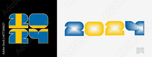 Year 2024 with flag of Sweden and in color palate of Sweden flag. Happy New Year 2024 in two different style.