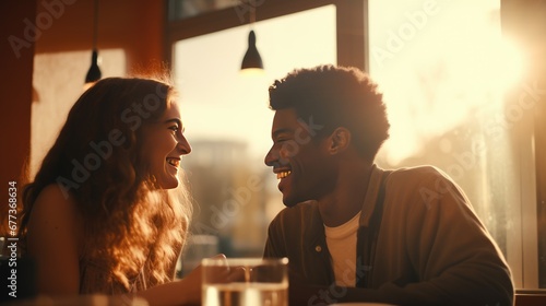 Young couple talking with each other at a restaurant