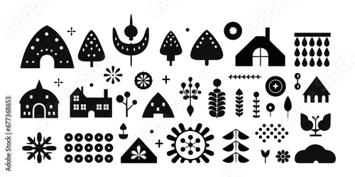 Scandinavian flat elements. Decorative abstract shapes, scandi graphic art symbols. Black various silhouettes and textures, dotted and stripes vector set