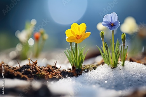 Wild flower growing out of snow with variable colors in early Spring. Spring seasonal concept.