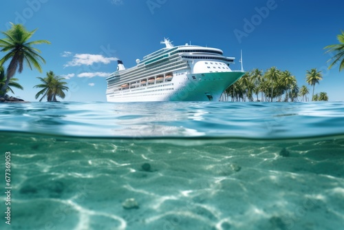 Luxury cruise ship in sea with palm tree and sand beach. Vacation travel concept. © rabbit75_fot