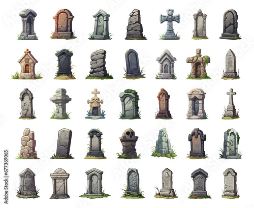 Cartoon old headstones. Graveyard tombstones, stone grave crosses with skull, ancient buried obelisks and tomb crypts isolated on white