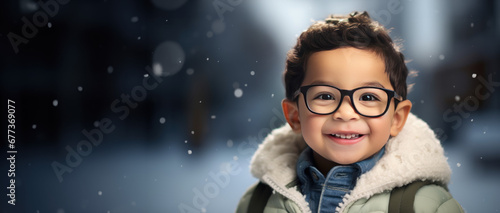 Winter themed toddler boy wearing glasses with room for copy space created with Generative AI technology