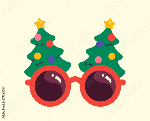 Carnival glasses concept. Accessory for holiday and festival. Element of clothing for masquerade. Christmas tree sunglasses. Cartoon flat vector illustration isolated on beige background