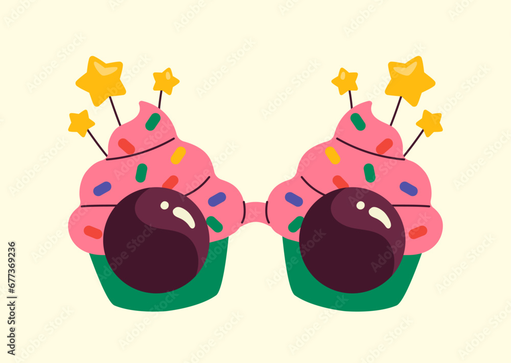 Fototapeta premium Carnival glasses concept. Accessory for holiday and festival. Element of clothing for masquerade. Pink cakes sunglasses. Cartoon flat vector illustration isolated on beige background