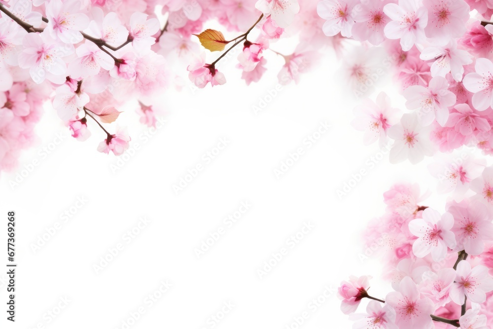 Fototapeta premium Pink cherry blossom flower petal on white background in Spring. Spring seasonal concept.