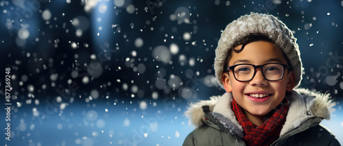 Winter themed boy wearing glasses with room for copy space created with Generative AI technology