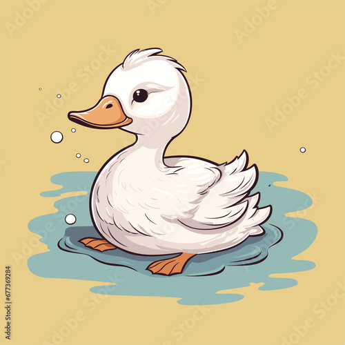 Cute cartoon duck in puddle. Little bird baby print, sweet childish graphic design. Farm animal vector character