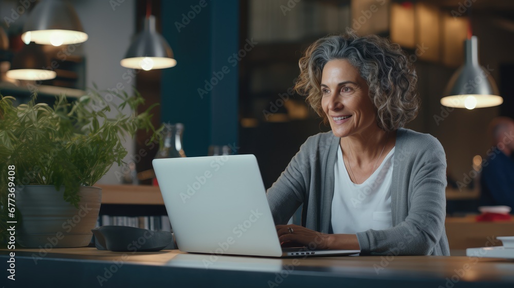Smiling modern mature Caucasian woman from 60s looking at laptop screen in cafe. Happy gray-haired woman having fun studying on the Internet. Technology concept for elderly people. Smiling modern mature Caucasian woman from 60s looking at laptop screen in cafe. Happy gray-haired woman having fun studying on the Internet. Technology concept for elderly people.