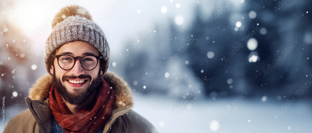 Fototapeta premium Winter themed man wearing glasses with room for copy space created with Generative AI technology