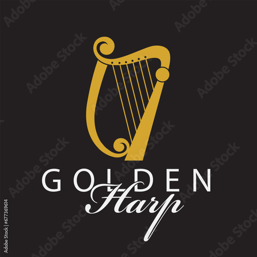 golden ancient harp icon isolated on black background