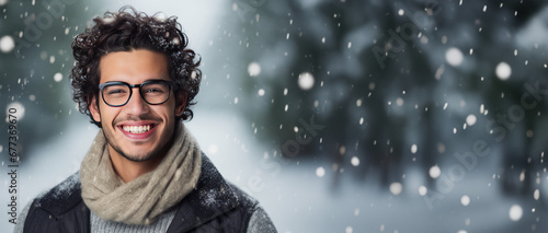 Winter themed man wearing glasses with room for copy space created with Generative AI technology