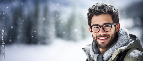 Winter themed man wearing glasses with room for copy space created with Generative AI technology photo