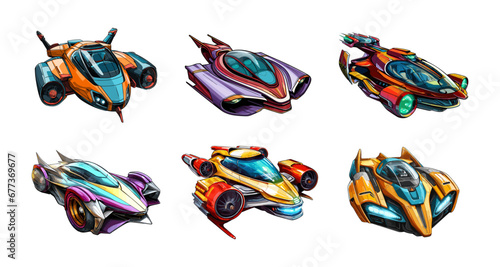 Flying vehicles. Air cars set colour sketch, moving in sky engines of future close-up designs