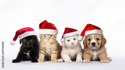 A group of cats and dogs wearing red Christmas hats on a white background look at the camera. isolated on white background