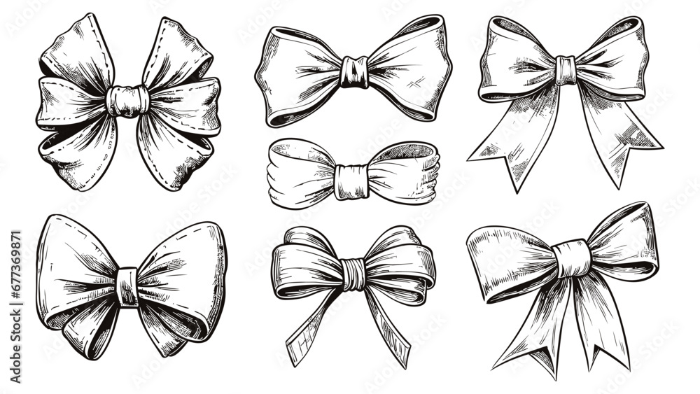 Gift bows isolated clipart. Sketch bow for present box, gifts pack. Decorative packaging elements for christmas and birthday, vector set - obrazy, fototapety, plakaty 