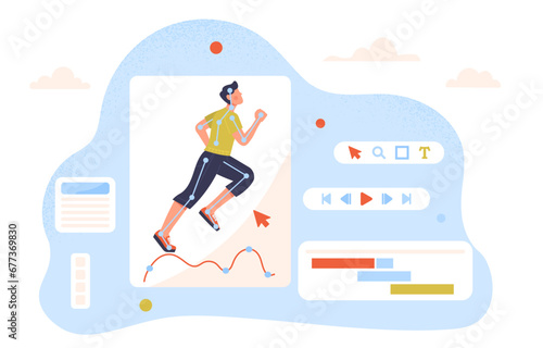 Character animation concept. Man run at photo. Video motion designing. Freelancer and designer develop animation. Poster or banner. Cartoon flat vector illustration isolated on white background