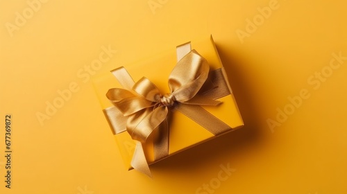 Gift box with golden satin ribbon and bow on yellow background. Holiday gift with Birthday or Christmas present, flat lay, top view, happy mother day copy space. Decor concept. Magic concept. New Year