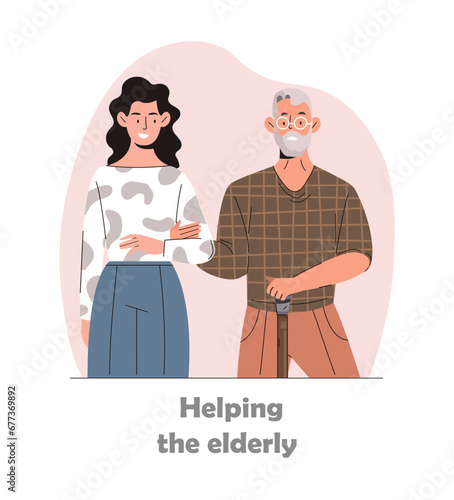 Charity work concept. Helping ederly people. Woman with old man. Care about pensioners and seniors. Graphic element for website. Cartoon flat vector illustration isolated on white background