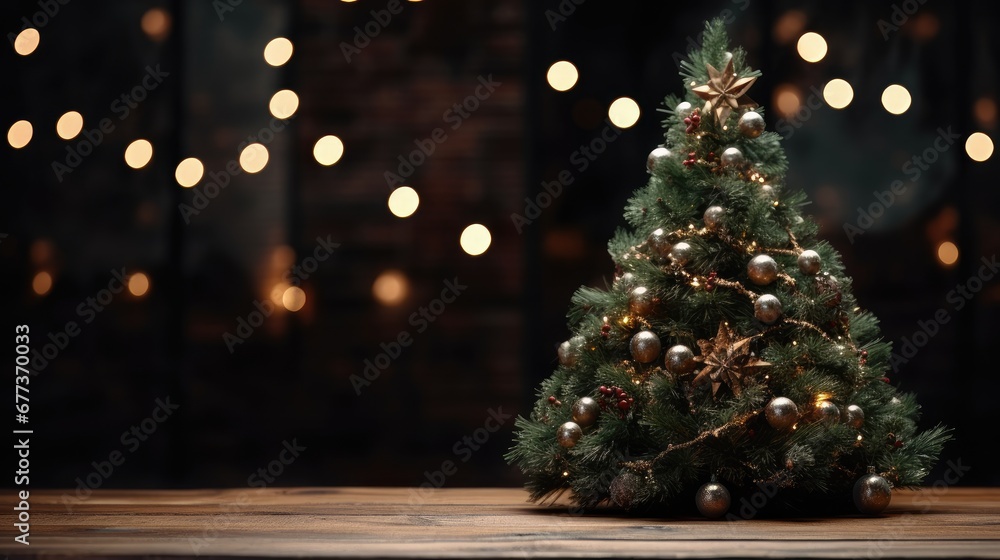 Beautiful small Christmas tree on a wooden table. Good mood. Bokeh of garland lamps in the background. Wallpaper. Beautiful small Christmas tree on a wooden table. Good mood. Bokeh of garland lamps in the background. Wallpaper.