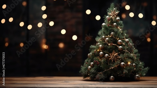 Beautiful small Christmas tree on a wooden table. Good mood. Bokeh of garland lamps in the background. Wallpaper.
