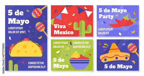 Cinco de mayo posters set. International holiday and festival. Maracasses and cactus with taco. Ethnicity and culture of Mexico. Cartoon flat vector collection isolated on white background