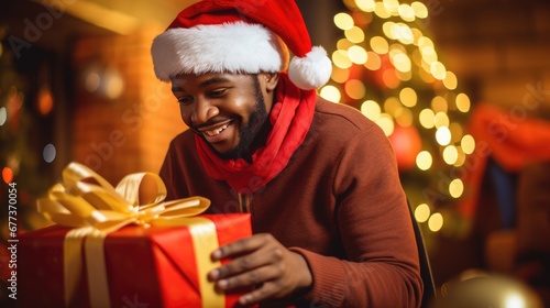 An African-American guy in a Santa Claus hat with a charming smile holds a Christmas gift in his hands.