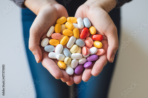 Image of woman hands full of colorful pills, top view. Generative AI.
