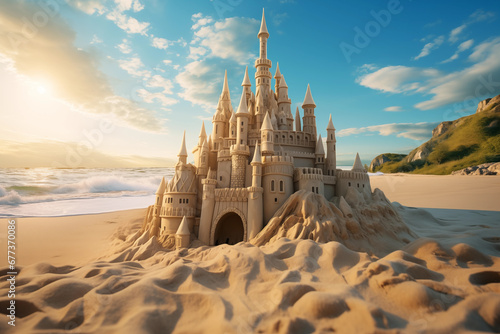 A beautiful huge sand castle built on the ocean shore. Sunset sky with clouds. Travel and summer vacation concept. Generative AI. © Andrii