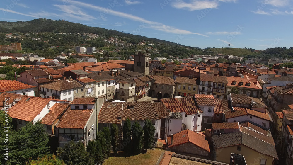 Aerial Photography of Historic City Center of Guimarães in Portugal. Oliveira Church and Square. Travel Destination. Famous Place