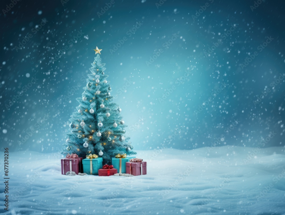 Christmas tree decorated for holiday season with blue snowing background. Winter seasonal concept. Christmas tree decorated for holiday season with blue snowing background. Winter seasonal concept.