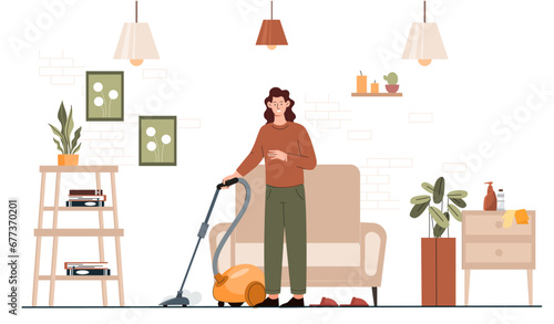 Woman cleaning house. Young girl with vacuum cleaner at room. Household chores and routine. Person fight against dust at home. Housewife cleans apartment. Cartoon flat vector illustration