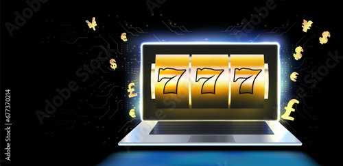 Showcasing a jackpot win with three sevens.Various currency symbols,including the dollar, pound,and euro,are dynamically flying around the laptop,symbolizing the concept of online gambling and winning