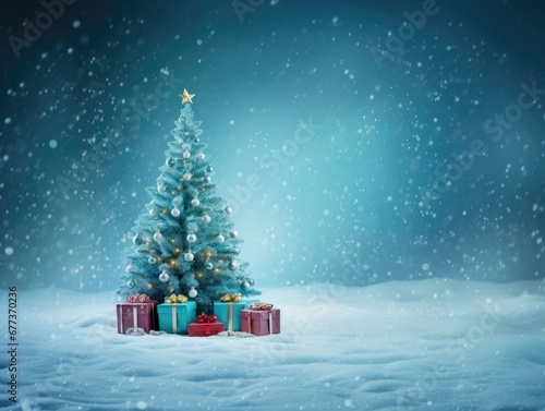 Christmas tree decorated for holiday season with blue snowing background. Winter seasonal concept.
