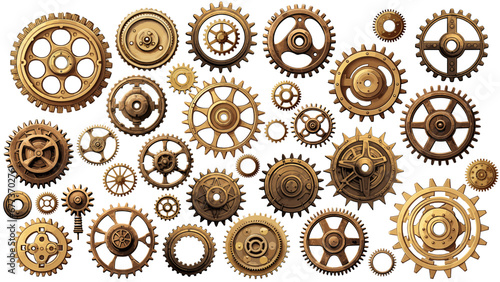 Old brass metal gears.Vintage bronze metallic cogwheels isolated on white, retro style separated gearwheels photo