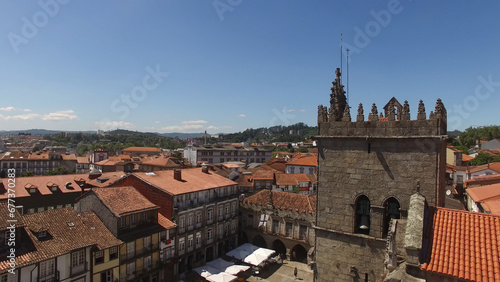 Aerial Photography of Historic City Center of Guimarães in Portugal. Oliveira Church and Square. Travel Destination. Famous Place