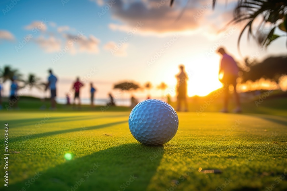 Close-up view of a golf ball on grass lawn ground in luxury vacation resort. Summer tropical vacation concept. - obrazy, fototapety, plakaty 