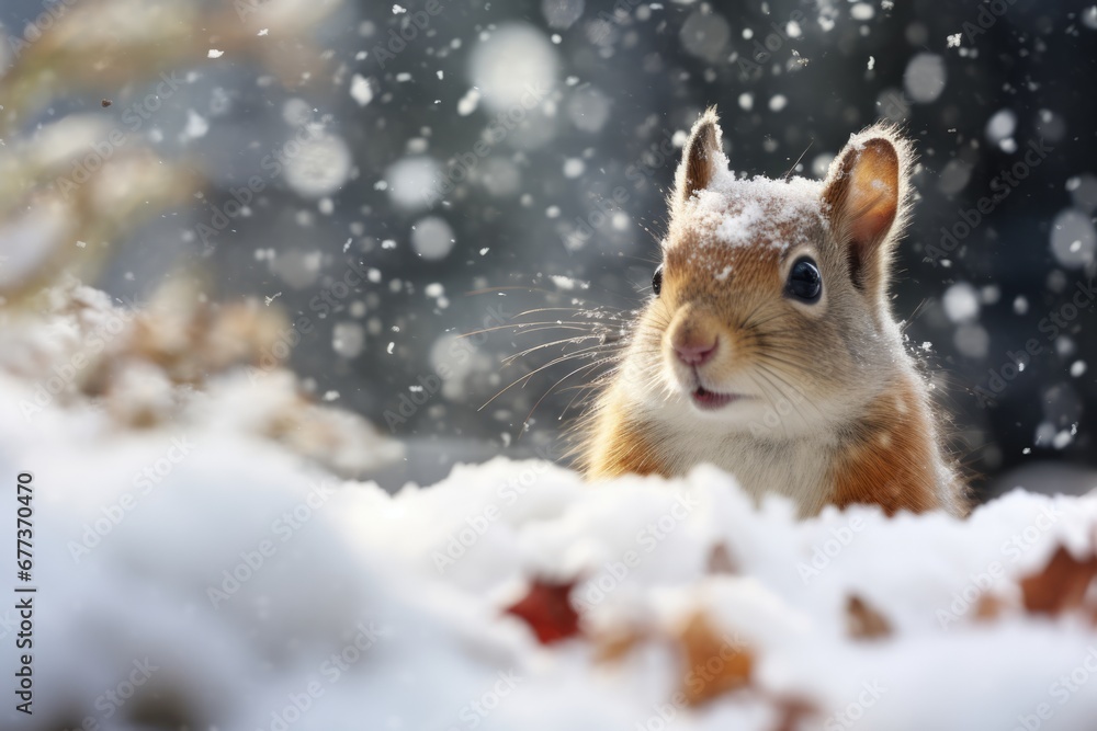 Close-up view of a squirrel in forest with snow in Winter. Close-up view of a squirrel in forest with snow in Winter.
