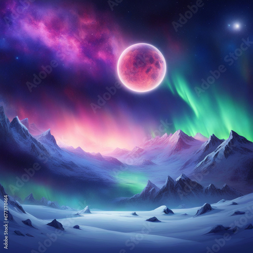 background starry sky planets galaxies constellations nebulae northern lights night snow aurora borealis