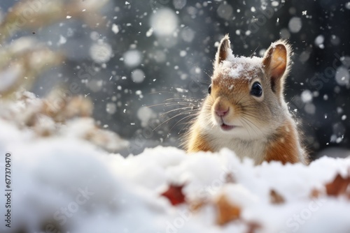 Close-up view of a squirrel in forest with snow in Winter. © rabbit75_fot