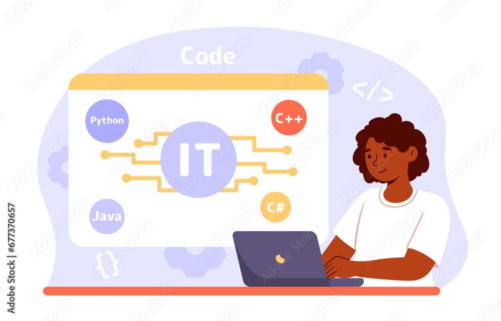 Computer programming concept. Woman with laptop write code for application or program. Modern technologies and innovations. IT specialist with programming language. Cartoon flat vector illustration