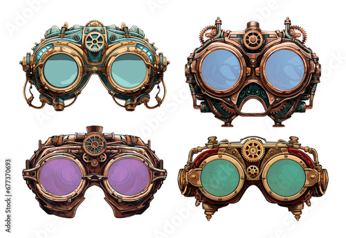 Steampunk glasses front view. Retro mechanical spectacles with translucent colored lens and coggears, vintage eyeglasses with gears in cartoon style isolated on white