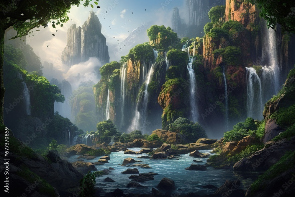 Breathtaking waterfall cascade landscape scene Breathtaking waterfall cascade landscape scene