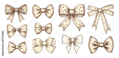 Vintage bows for gift box, presents, hair design. Fashion retro style bow, sketch girly decorative elements. birthday, christmas decor vector collection