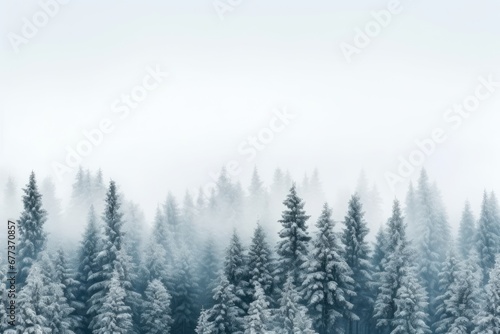 Foggy winter forest with snow. Winter seasonal concept.