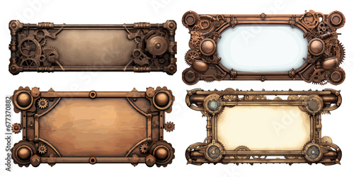 Vintage metal steampunk panels. Retro copper metal panes borders with empty place for text, steam punk dashboards frames