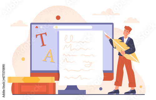 Copywriter write article. Man with feather near tablet. Freelancer create interesting content for webpage and social networks. Journalist at workplace. Cartoon flat vector illustration