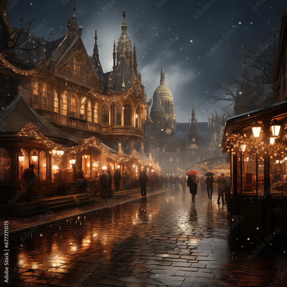 The Christmas market transforms into a winter wonderland as delicate snowflakes gently fall from the sky. Stall roofs are dusted with a powdery layer of snow.