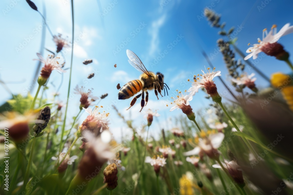 Obraz na płótnie Bees in booming wild flower field in Spring. w salonie