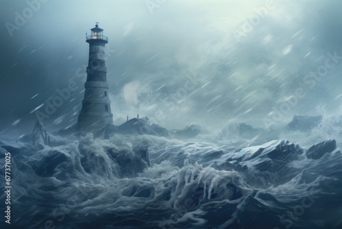 A lighthouse by sea covered by heavy snow and ice. Winter seasonal concept. photo
